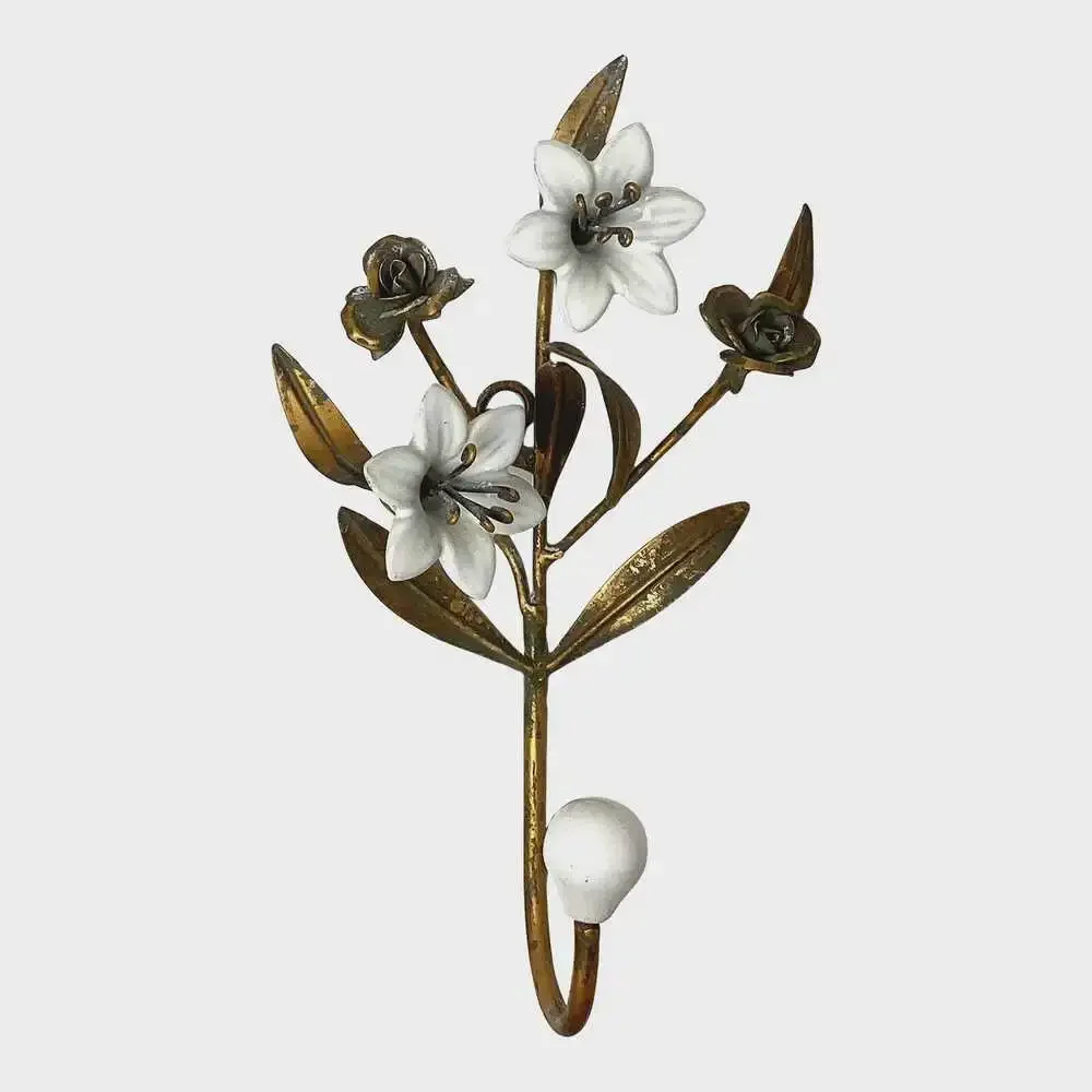Vintage Italian Tole Wall Hook White Porcelain Lilies Gilt Florentine Decor